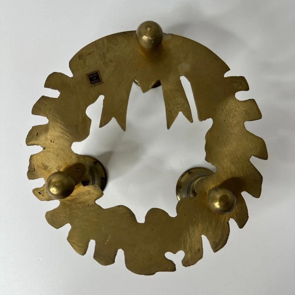 Vintage Brass Christmas Wreath Candelabra 3‎ Cup Candle Holder Holly Leaf Bow